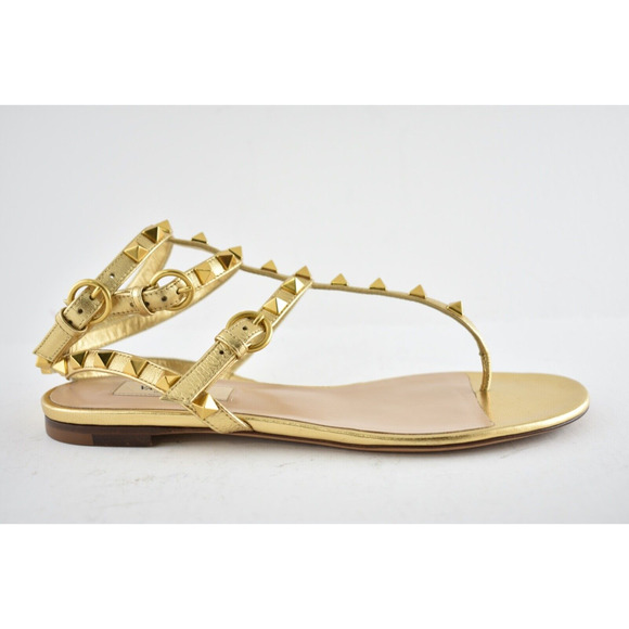 Valentino Rockstud KM5 Gold Leather Triple Ankle Strap Gladiator Flat Sandal 36 - Picture 3 of 10